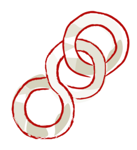 Eine verschnörkelte, rot-weiße Form zeigt ein Unendlichkeitssymbol das mit einem weiteren Ring verbunden ist.