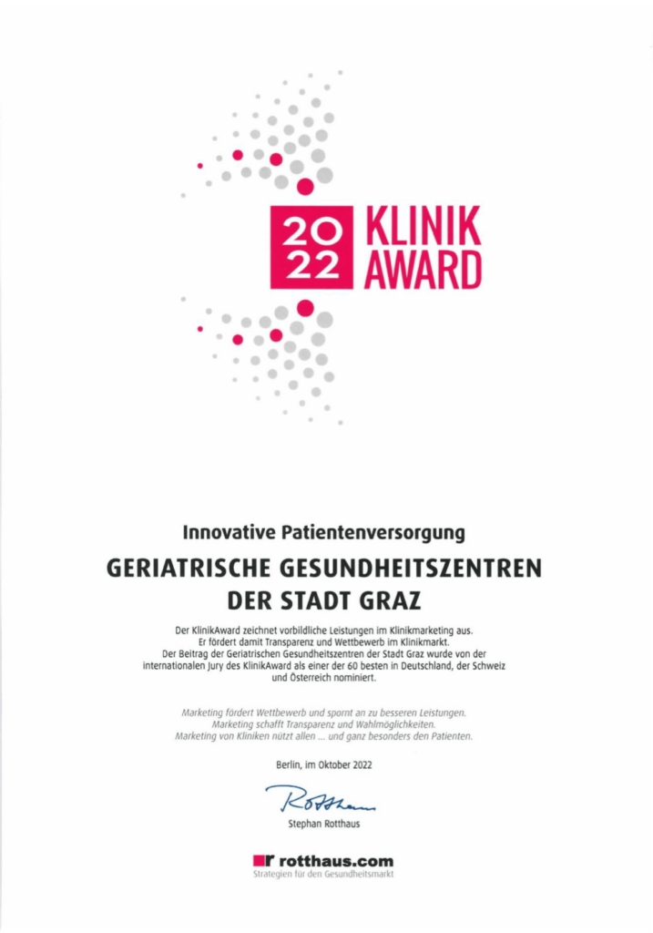 Urkunde Klinik Award für Innovative Patient:innenversorgung