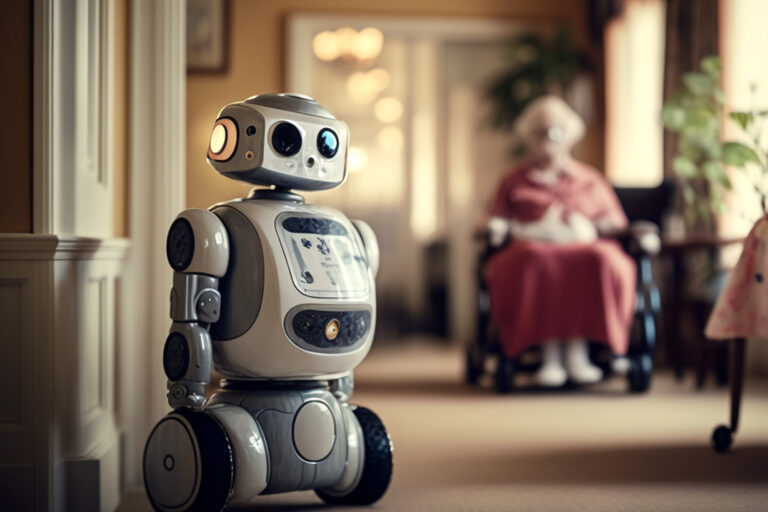 Ein kleiner grauer Roboter auf Rädern steht in einem Pflegeheim. Im Hintergrund ist verschwommen eine ältere Dame zu sehen.