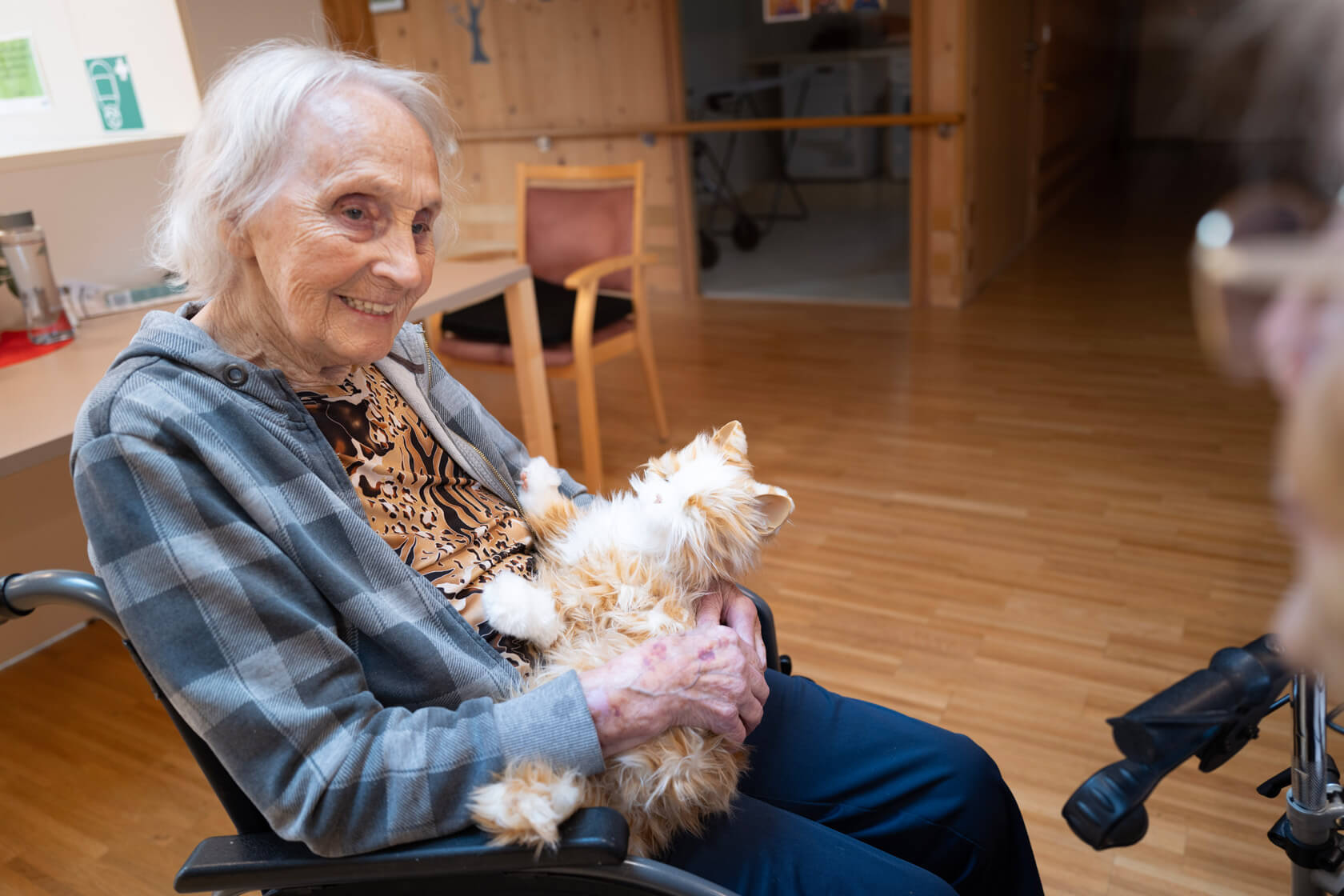 Bewohnerin im Rollstuhl im Pflegewohnheim Peter Rosegger hält Stoffkatze in den Händen