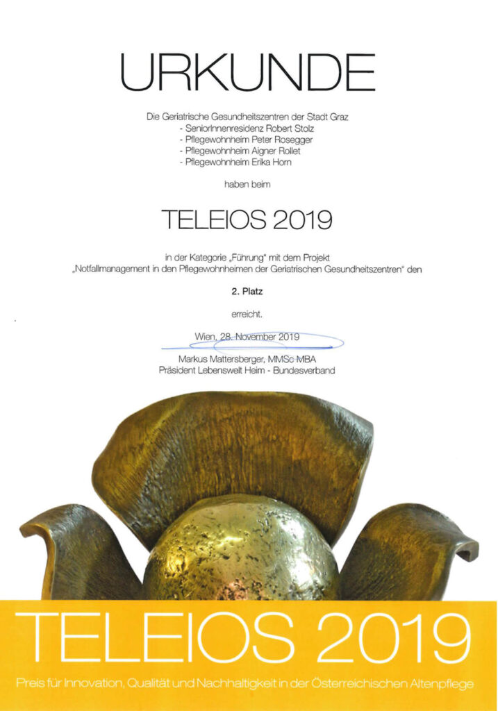 Urkunde des Teleios Awards 2019
