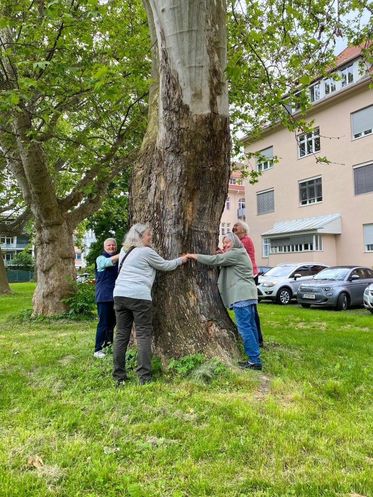 Tagesgäste umarmen gemeinsam mit ihren Händen einen Baum