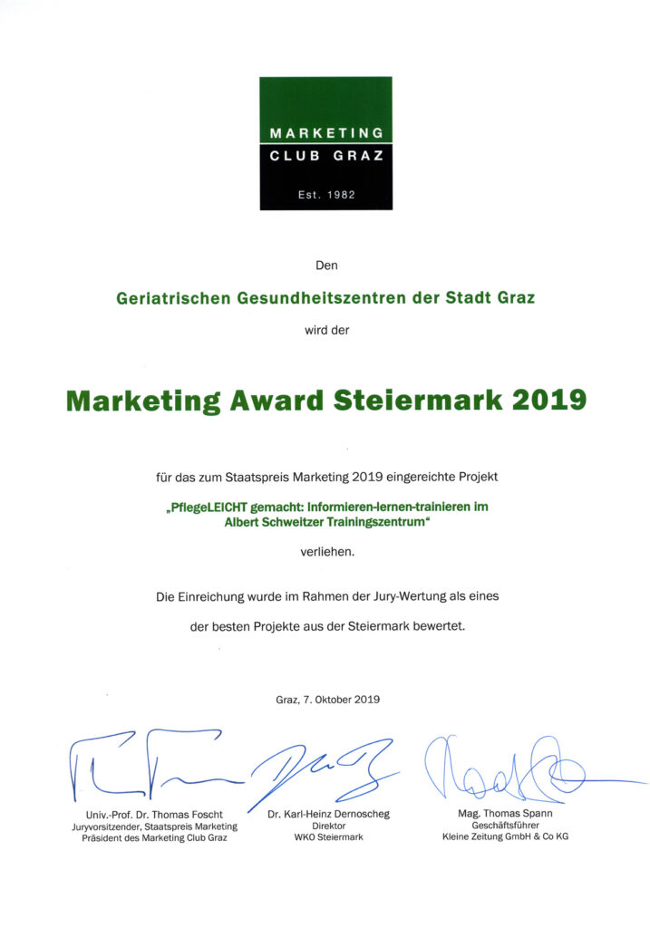 Urkunde des Marketing Awards 2019 für das Albert Schweitzer Trainingszentrum