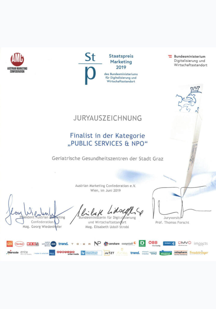 Urkunde für den Staatspreis für Marketing in der Kategorie Public Services und NPO
