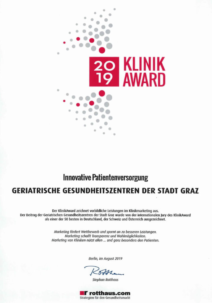 Urkunde Klinik Award 2019 für innovative Patient:innenversorgung