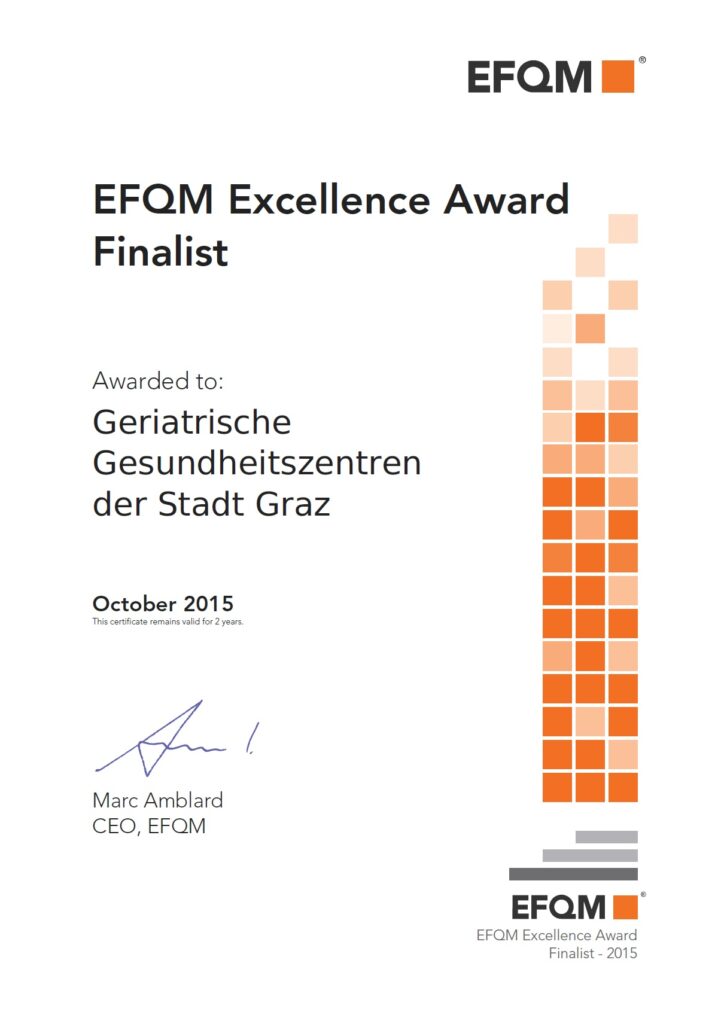 Urkunde EFQM Excellence Award Finalist Auszeichnung