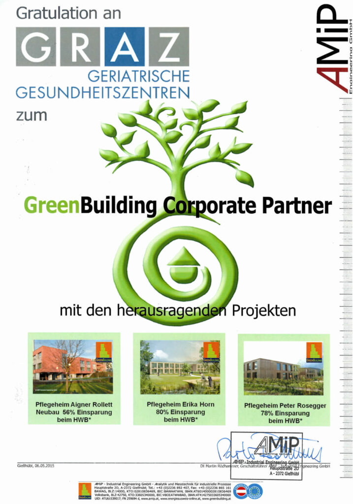 Urkunde für die Auszeichnung Green Building 2015