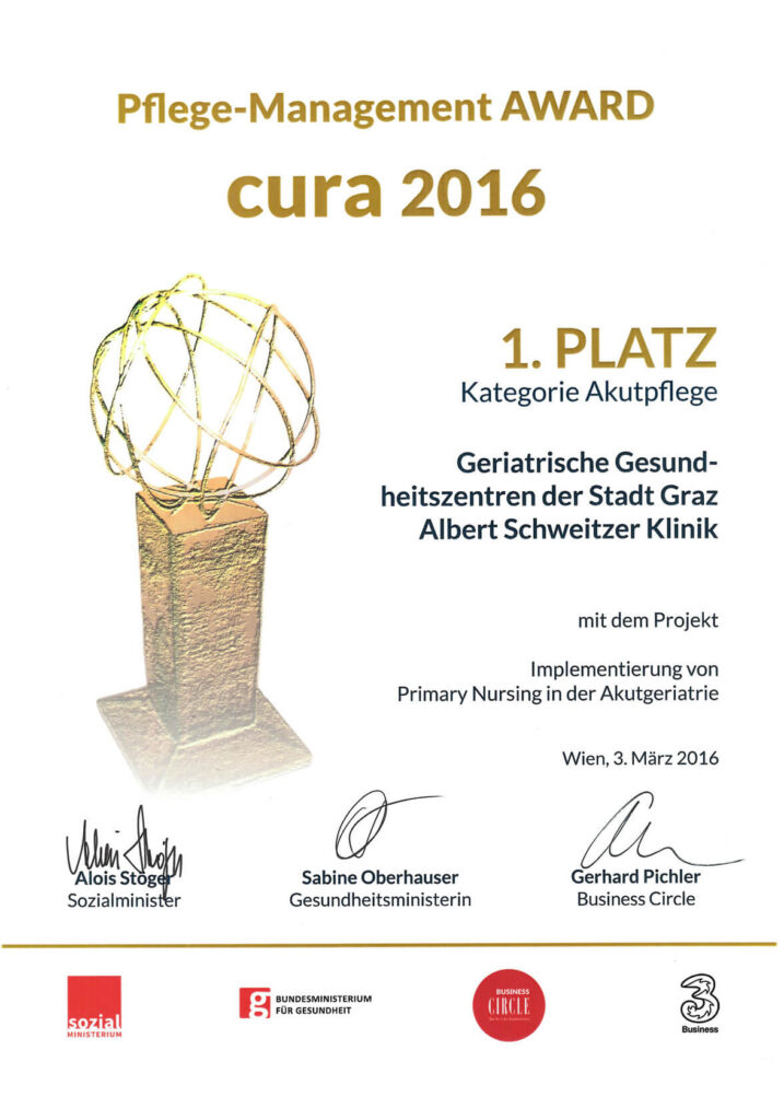 Urkunde Pflege Management Award cura 2016 / 1. Platz