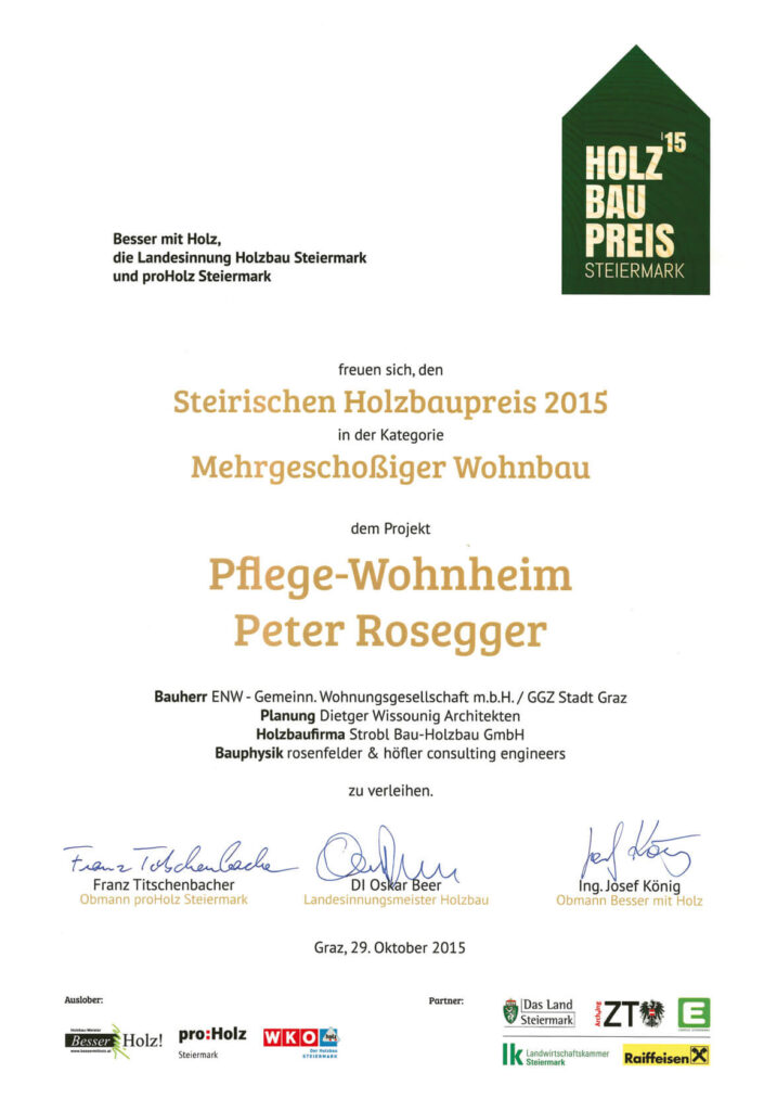 Urkunde für den Holzbaupreis Steiermark 2015