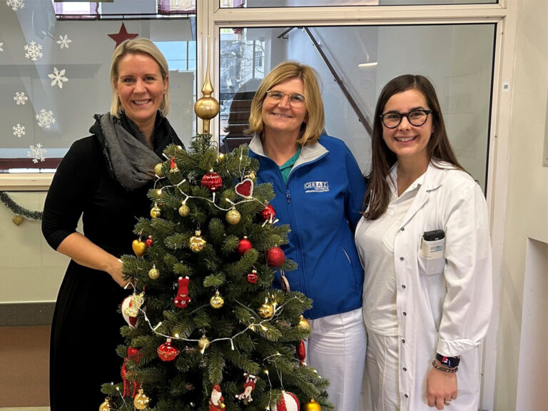 Drei Damen, eine davon Pflegefachkraft und eine Ärztin stehen auf der Station im Hospiz vor einem Weihnachtsbaum