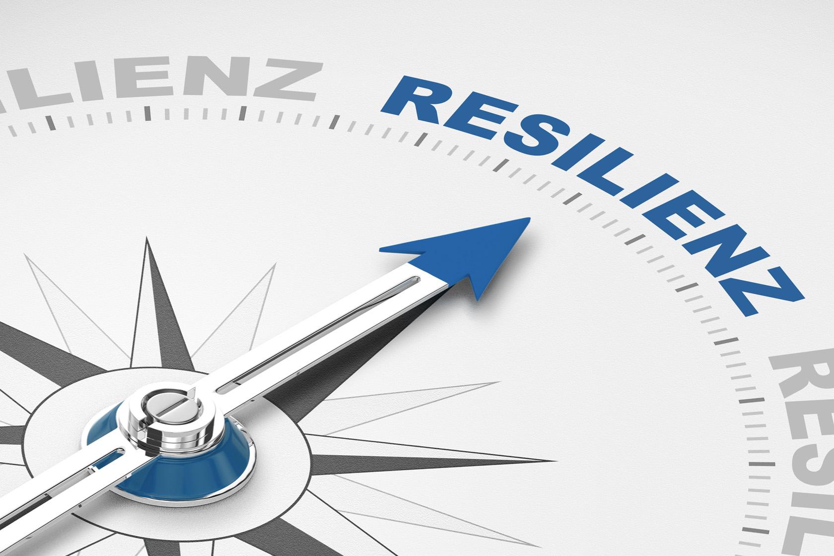 Bildausschnitt eines Kompasses, dessen Pfeilrichtung auf das Wort Resilienz zeigt.