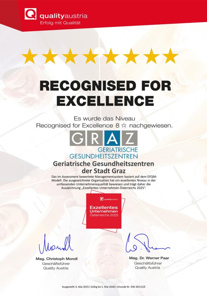 Urkunde Recongnised für excellence der qualitiyaustria.