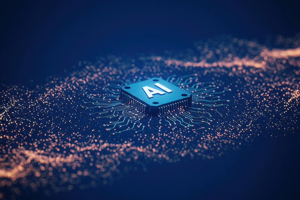 Bild einer Platine, auf der AI steht und von der viele Vernetzungen ausgehen.