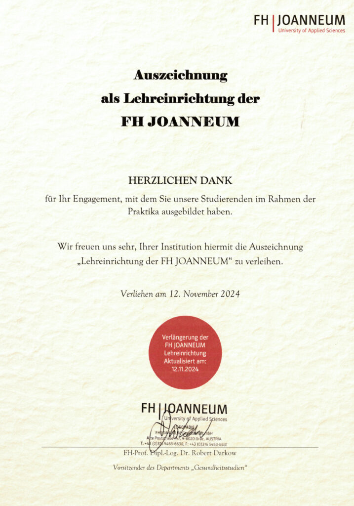 Auszeichnungsurkunde der FH Joanneum